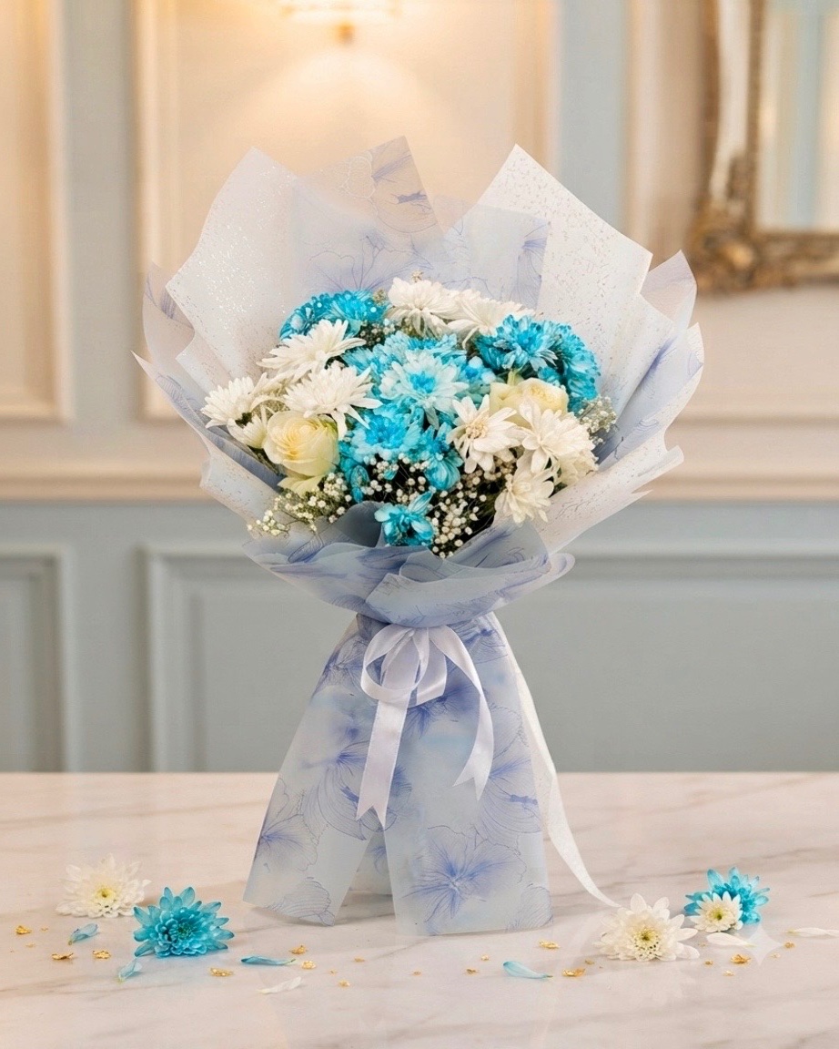 Blue and white pastel bouquet